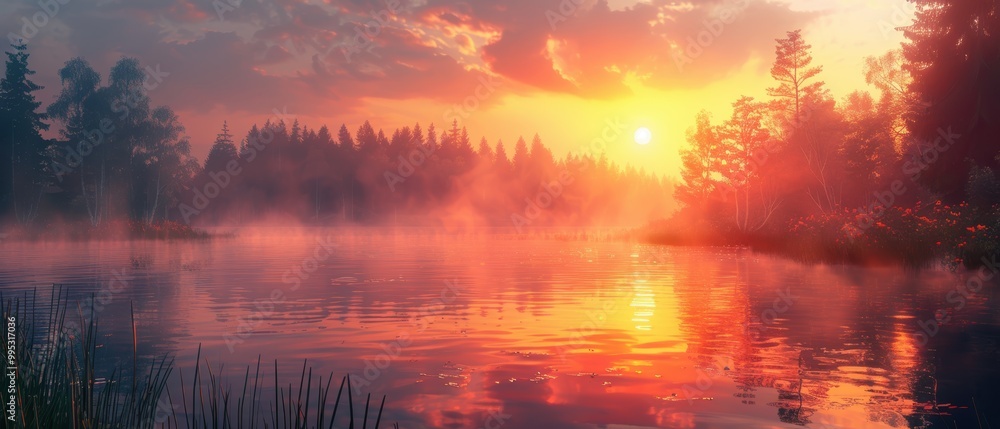 Serene Sunset Over Misty Lake Landscape Serene Sunset Over Misty Lake Landscape