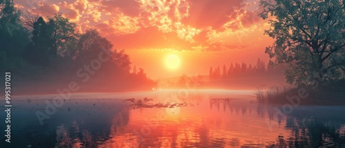 Serene Sunrise Over Calm Lake with Mist and Reflections