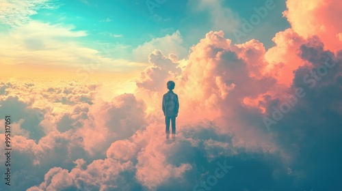 Wallpaper Mural A solitary boy in a dreamlike sky surrounded by imaginative clouds A conceptual artwork reflecting themes of freedom hope growth and happiness in childhood Torontodigital.ca
