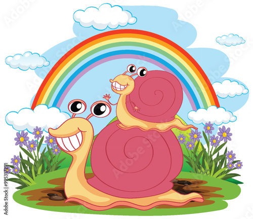 Happy Snails Under Rainbow