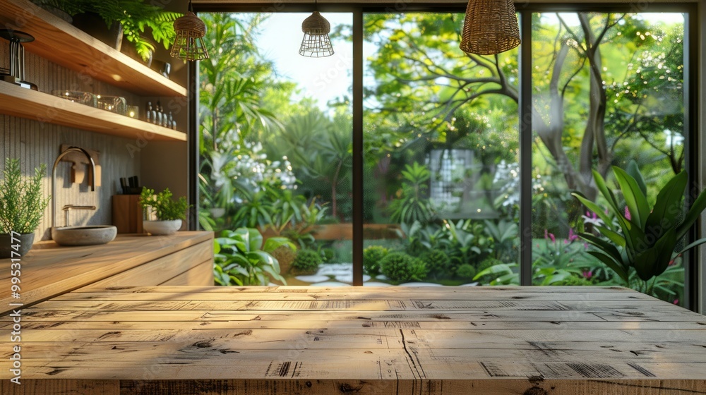 White wood table top counter island on blur kitchen with big window and fresh green garden background White wood table top counter island on blur kitchen with big window and fresh green garden background