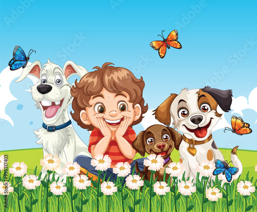 Happy Child with Dogs and Butterflies