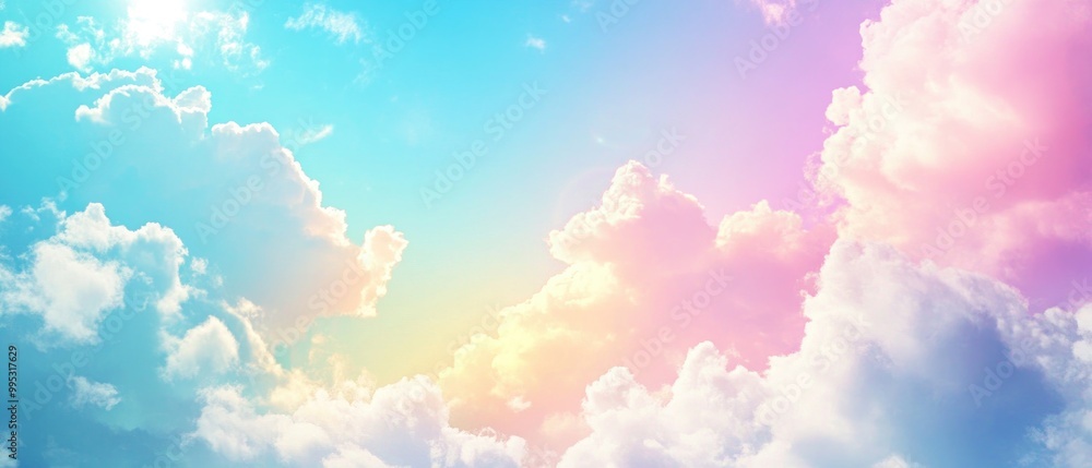 A vibrant pastel rainbow sky backdrop with fluffy white clouds features a captivating mix of gradient lighting effects resulting in a stunning array of colors A vibrant pastel rainbow sky backdrop with fluffy white clouds features a captivating mix of gradient lighting effects resulting in a stunning array of colors