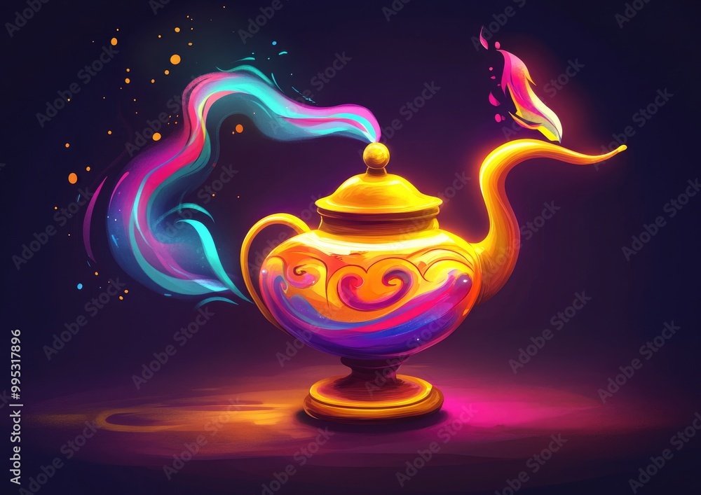 Naklejka premium Fantasy genie lamp in a colorful 2D cartoon style
