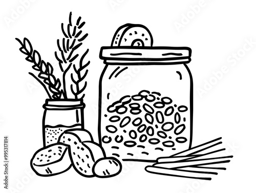 One-Line Pantry Essentials: Abundance of Grains and Pulses in Figure Outline