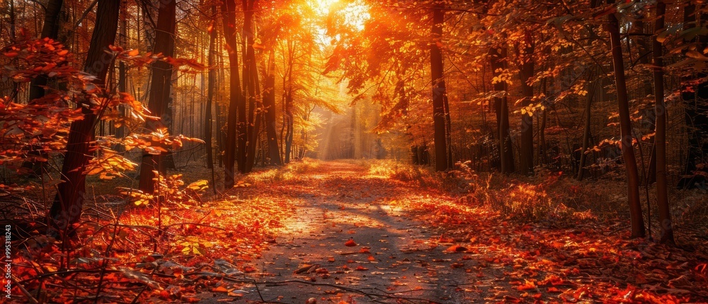 Fototapeta premium Vibrant Autumn Pathway Through a Lush Forest