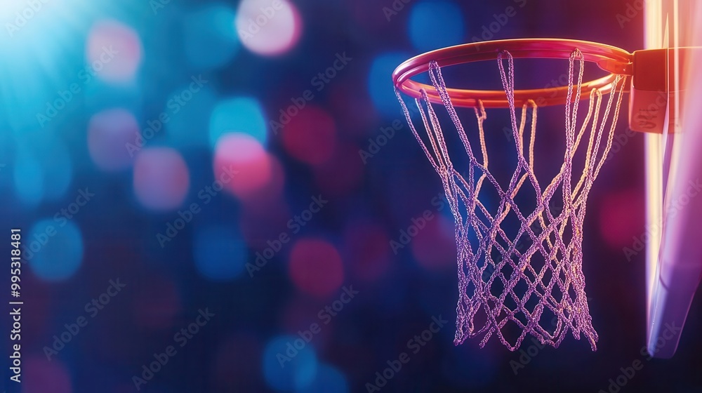 Basketball hoop against a colorful bokeh background, ideal for sports-themed designs. Basketball hoop against a colorful bokeh background, ideal for sports-themed designs.