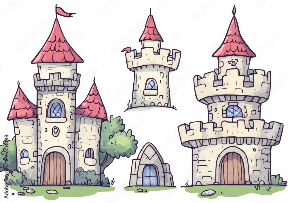 Obraz premium Hand drawn cartoon castle icons for a fairy tale featuring a whimsical design perfect for a princess theme game icon and charming magical kingdom illustration