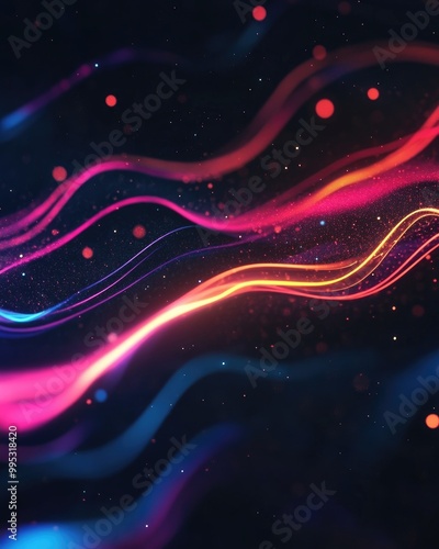 Dark space featuring glowing neon light waves in motion An abstract graphic element with a 2D cartoon neon aesthetic on a black backdrop Technology themed illustration