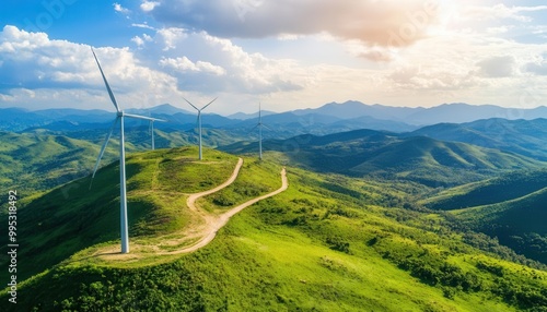 Wind Turbines on Green Mountain Landscape