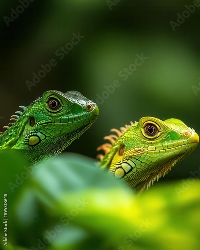 Green Iguana Lizard Close Up Portrait In Tropical Rainforest