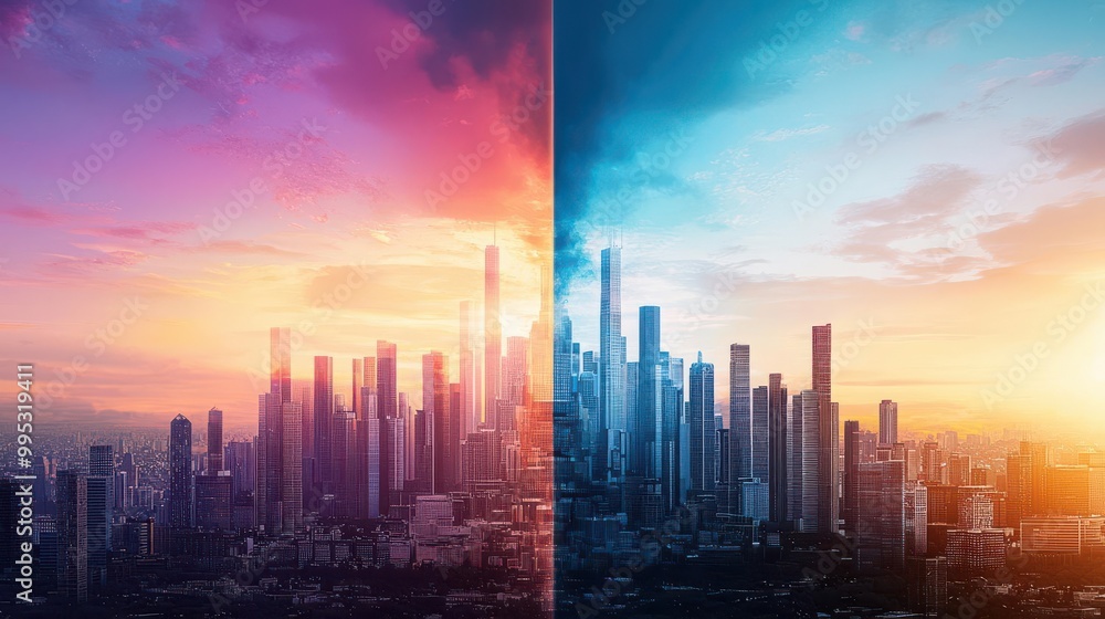 Fototapeta premium Modern skyline with vibrant sunrise and sunset colors, dramatic cityscape view.