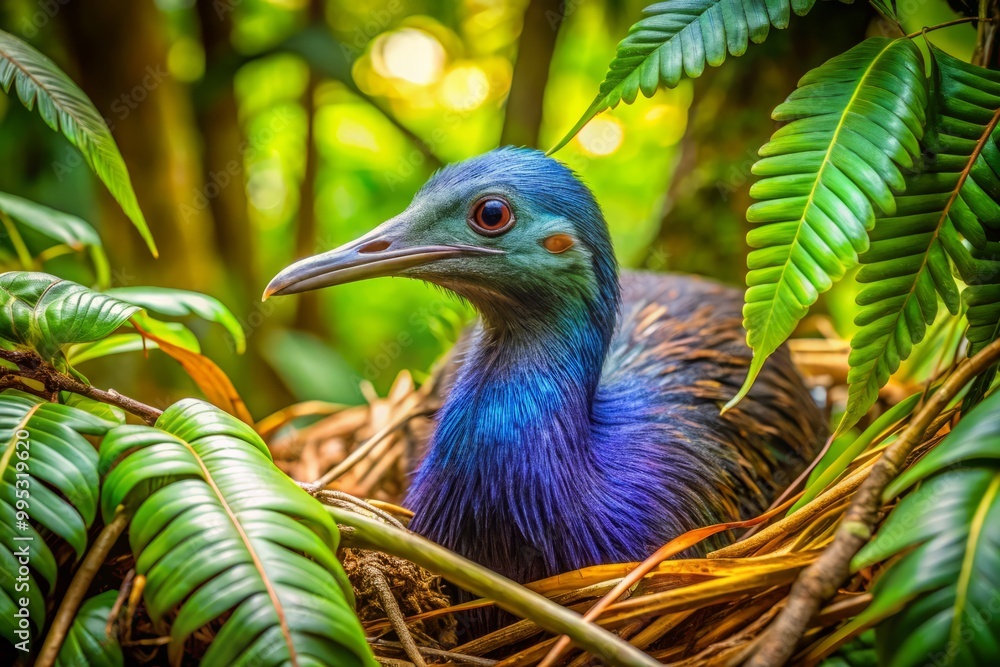 Fototapeta premium Unique New Zealand Flightless Bird Nesting in Natural Habitat Surrounded by Lush Greenery and Foliage