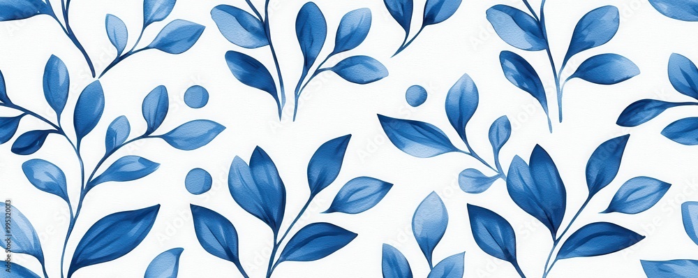 A tranquil pattern featuring blue leaves and berries on a white background, creating a soothing, nature-inspired design. A tranquil pattern featuring blue leaves and berries on a white background, creating a soothing, nature-inspired design.