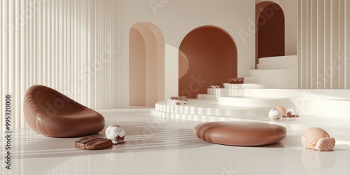 Abstract interior featuring chocolate ice cream and sweets with a minimalist architectural design 3D illustration and rendering photo