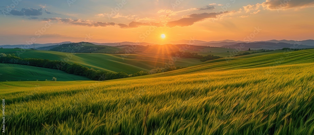 Serene Sunset Over Rolling Green Hills Serene Sunset Over Rolling Green Hills