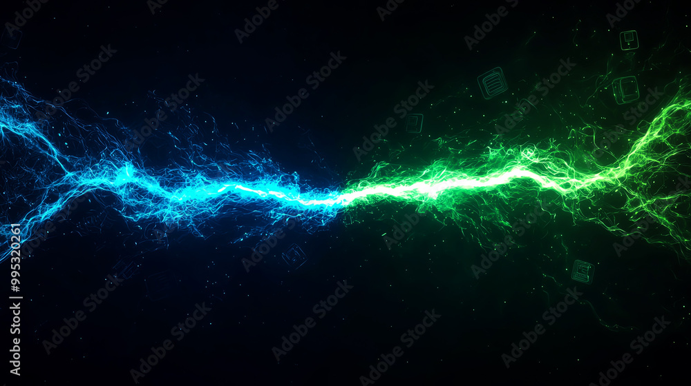 Dynamic wave of blue and green electricity against a black background, representing energy and power. Dynamic wave of blue and green electricity against a black background, representing energy and power.