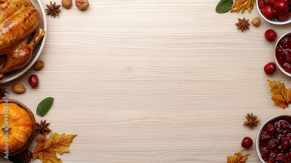 A rustic wooden table garnished with autumn leaves, pumpkins, and bowls of fruit preserves, perfect for a festive Thanksgiving setting. A rustic wooden table garnished with autumn leaves, pumpkins, and bowls of fruit preserves, perfect for a festive Thanksgiving setting.