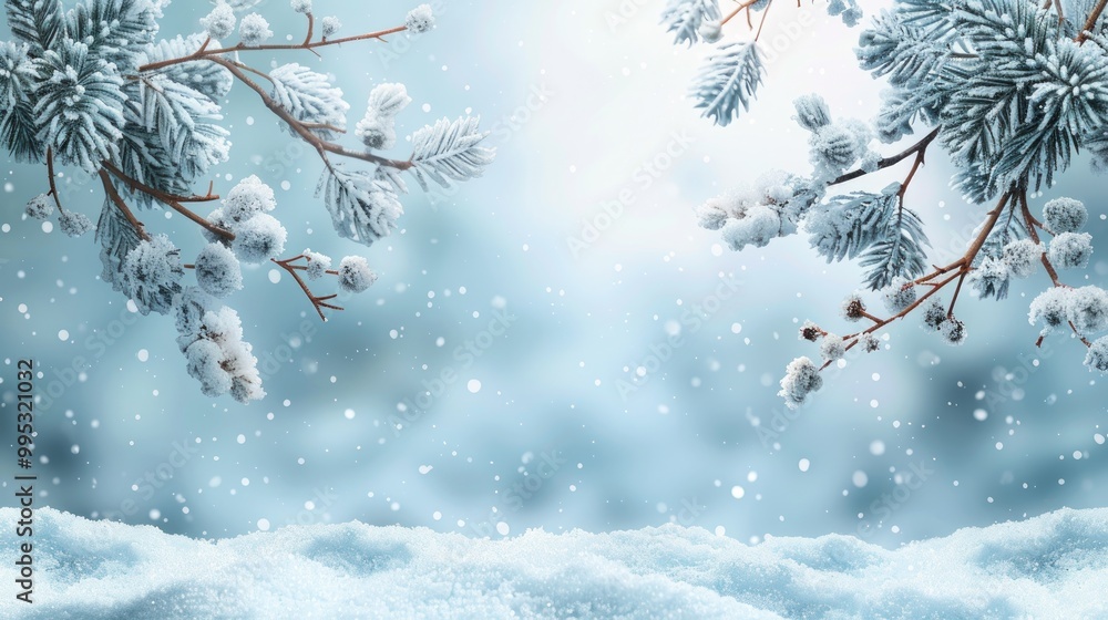 Winter Background with snow branches tree leaves and snowflakes on background Holiday Christmas greeting card Winter Background with snow branches tree leaves and snowflakes on background Holiday Christmas greeting card