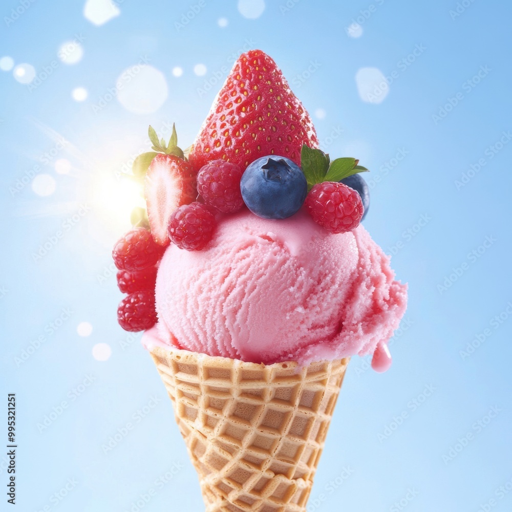 A vibrant pink ice cream cone topped with fresh strawberries and blueberries against a bright blue background. A vibrant pink ice cream cone topped with fresh strawberries and blueberries against a bright blue background.