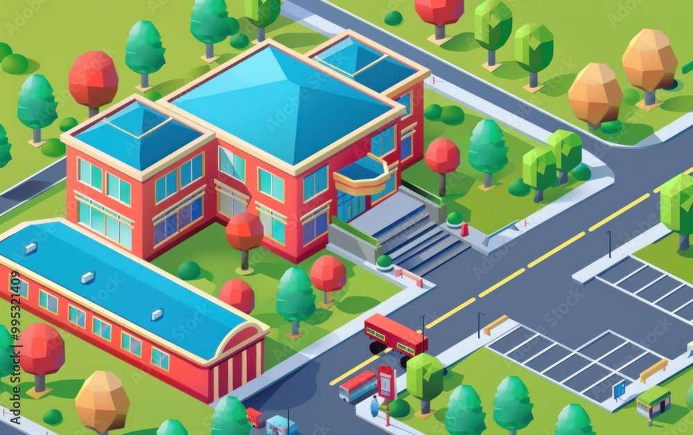Isometric illustration of a modern school building with surrounding trees and streets. 3D illustration for design and print. Education and urban planning concept. Isometric illustration of a modern school building with surrounding trees and streets. 3D illustration for design and print. Education and urban planning concept.