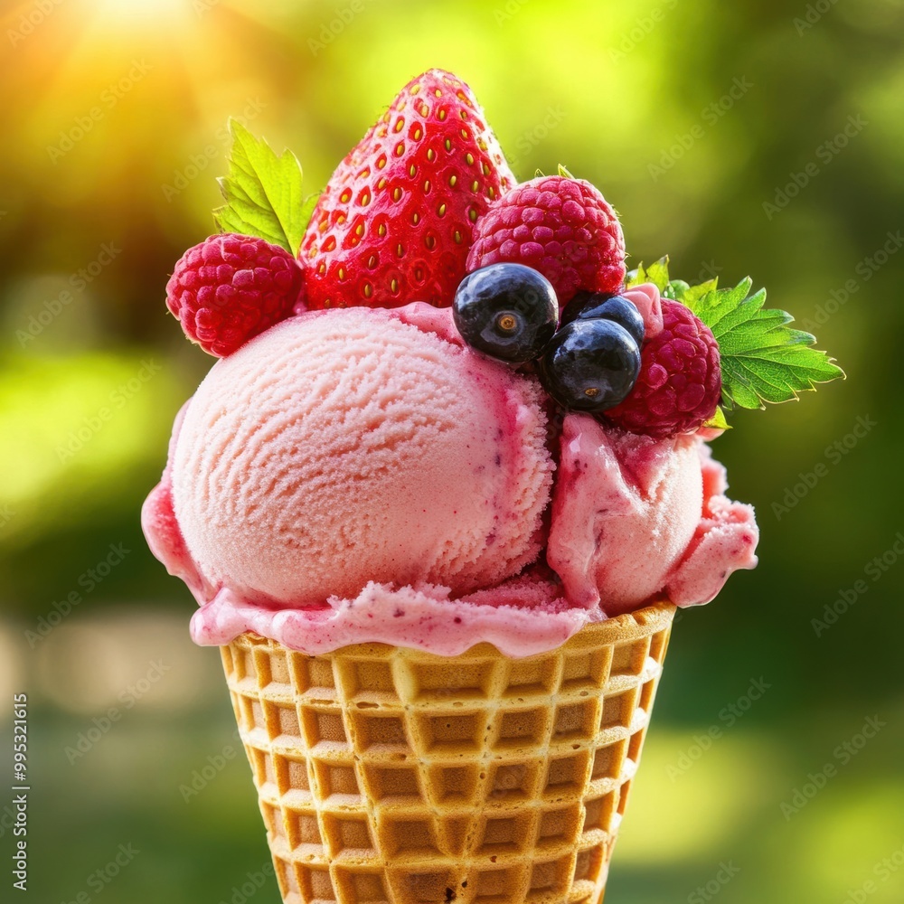 A delicious pink ice cream cone topped with fresh strawberries, raspberries, and blueberries against a vibrant green background. A delicious pink ice cream cone topped with fresh strawberries, raspberries, and blueberries against a vibrant green background.