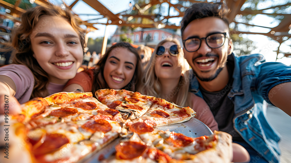 Multicultural smiling friends eating pizza sitting outside - Cheerful young people enjoying summer vacation together - Happy life style concept with guys and girls hanging Multicultural smiling friends eating pizza sitting outside - Cheerful young people enjoying summer vacation together - Happy life style concept with guys and girls hanging