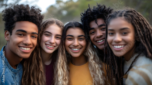 Multicultural group of young people smiling at camera together - Happy friends having fun hugging together outside - Youth community concept