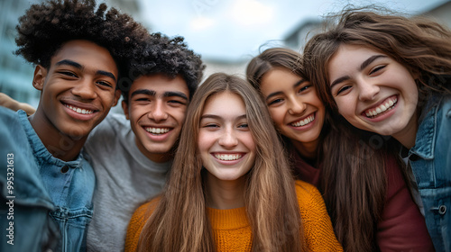 Multicultural group of young people smiling at camera together - Happy friends having fun hugging together outside - Youth community concept
