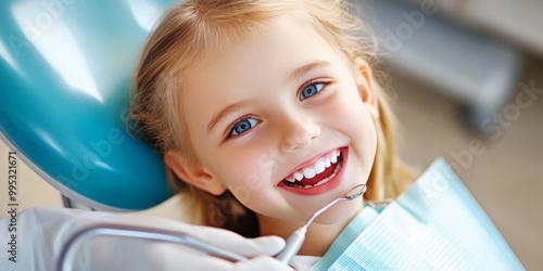 Child smiling wide, showing newly cleaned teeth to dentist after checkup in brightly lit dental office photo