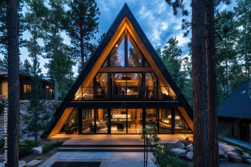 Fototapeta premium A modern A-frame cabin surrounded by trees, featuring large glass windows, warm lighting, and a serene outdoor space.