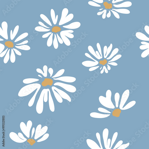 Seamless pattern with daisy flower on blue backgrounds vector. Cute floral print.