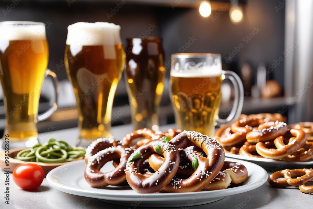 A delicious beer and pretzel snack arranged on a white background, showcasing the fresh baked goods in various shapes, perfect for a tasty meal A delicious beer and pretzel snack arranged on a white background, showcasing the fresh baked goods in various shapes, perfect for a tasty meal