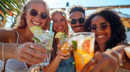 Multiracial friends group celebrating party toasting mojito outside - Happy young people enjoying weekend event drinking cocktails at fancy bar terrace - Guys and girls hanging