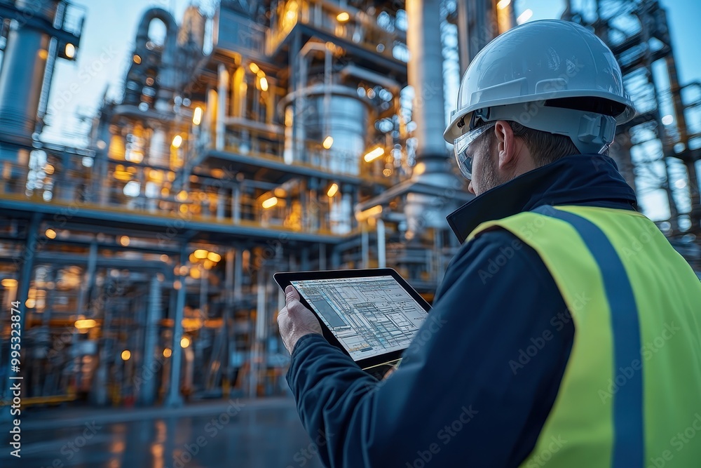 Architect or engineer in white helmet and safety vest using tablet at oil and gas production plant, working on project plan, wide-angle shot, natural lighting
Architect or engineer in white helmet and safety vest using tablet at oil and gas production plant, working on project plan, wide-angle shot, natural lighting