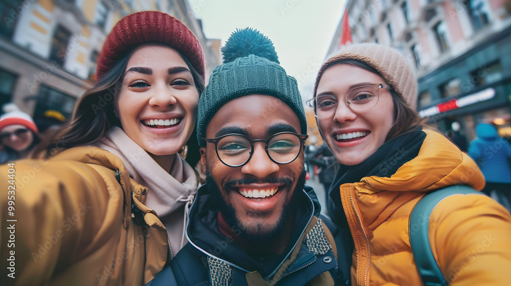 Multiracial group of friends taking selfie pic with smart mobile phone device - Happy young people having fun walking in city street - Technology and people life style concept Multiracial group of friends taking selfie pic with smart mobile phone device - Happy young people having fun walking in city street - Technology and people life style concept