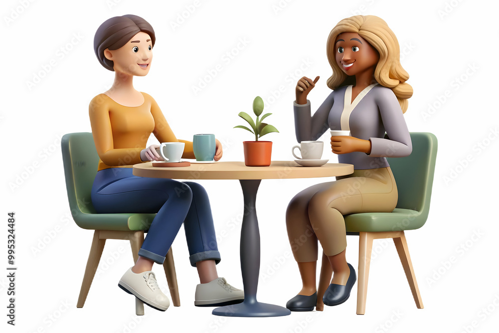 Flat Vector Illustration of Two Culturally Diverse Women Enjoying Coffee in a Cozy Caf?, Symbolizing Unity and Connection in a Candid Moment Flat Vector Illustration of Two Culturally Diverse Women Enjoying Coffee in a Cozy Caf?, Symbolizing Unity and Connection in a Candid Moment