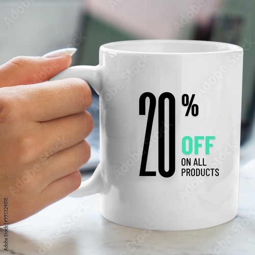 cup, coffee, discount label, discount price, 20%, breakfast, beverage, object, caffeine, porcelain, liquid photo