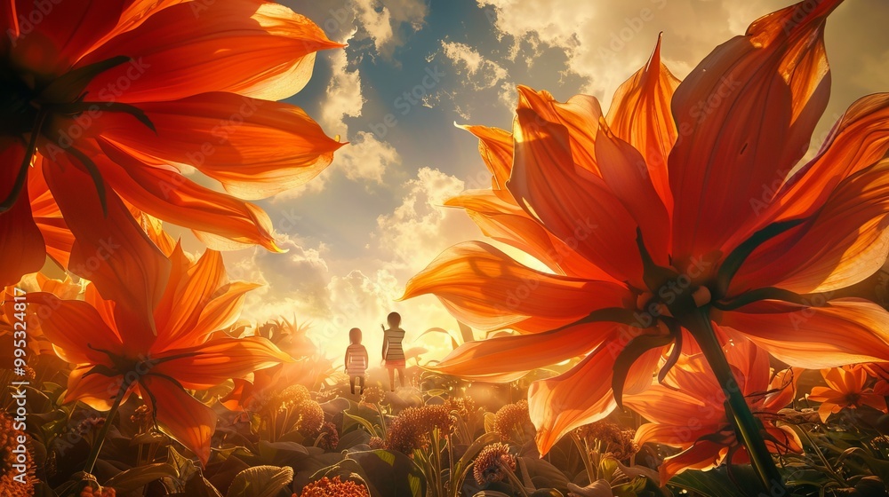 Two children are walking through a field of orange flowers Two children are walking through a field of orange flowers
