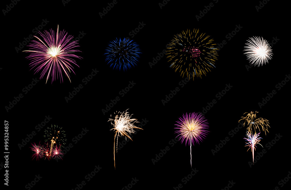 Fototapeta premium Variety of colorful fireworks isolated on black background