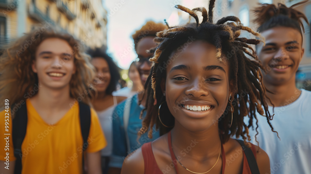 Fototapeta premium Multiracial group of young people standing in circle and smiling at camera - Happy diverse friends having fun hugging together - Low angle view