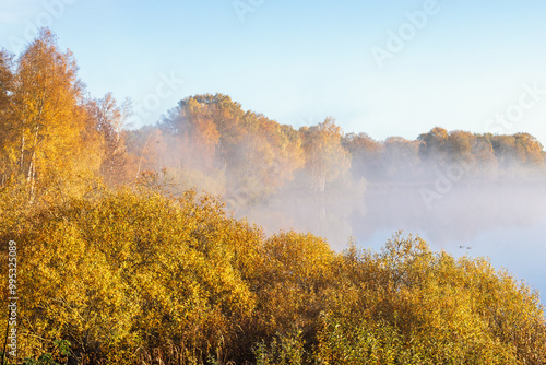 Autumn colors on the trees by a lake in fog