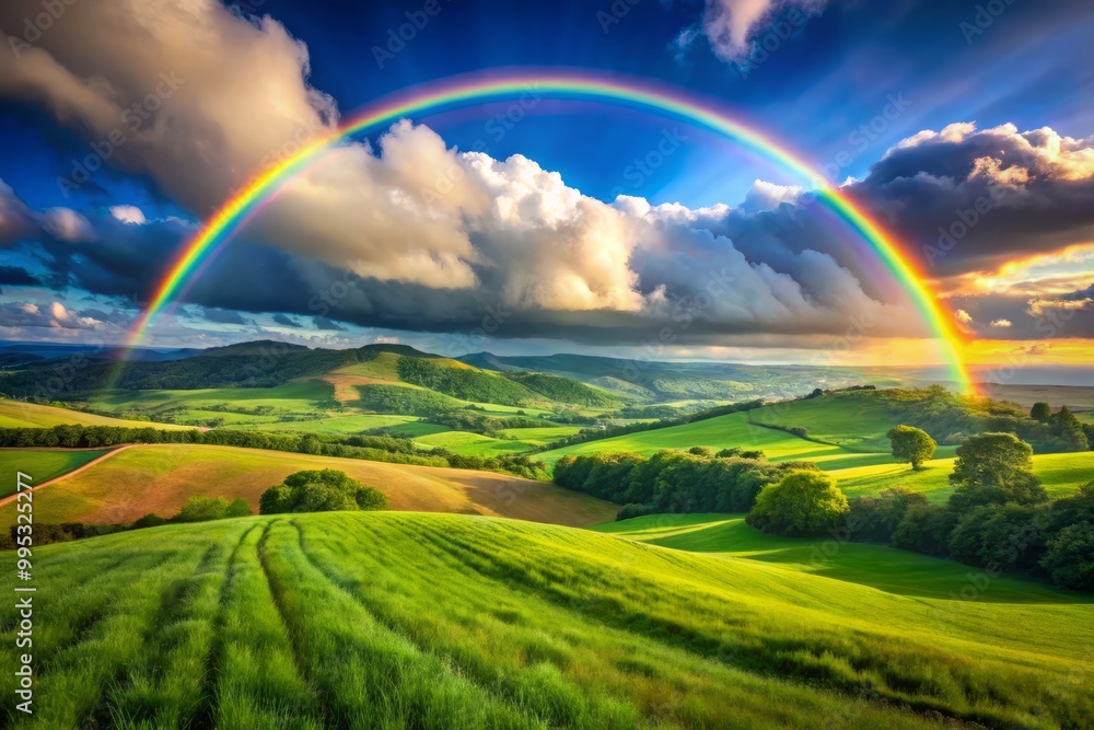 Vibrant Rainbow Arcing Across a Clear Sky Over Lush Green Fields and Rolling Hills in Nature Vibrant Rainbow Arcing Across a Clear Sky Over Lush Green Fields and Rolling Hills in Nature