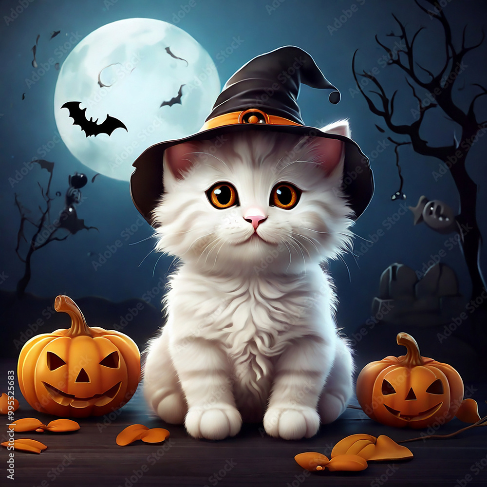 Halloween cat in witch hat with pumpkins and bats on dark background Halloween cat in witch hat with pumpkins and bats on dark background