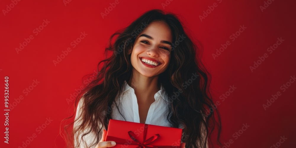 photo of woman smiling while holding gift box with red background, gift concept photo of woman smiling while holding gift box with red background, gift concept