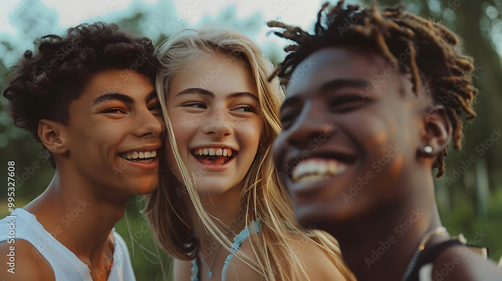 Fototapeta premium Multiracial young people laughing together outside - Happy friends having fun hanging out on summertime - Friendship concept with guys and girls hangout at the park