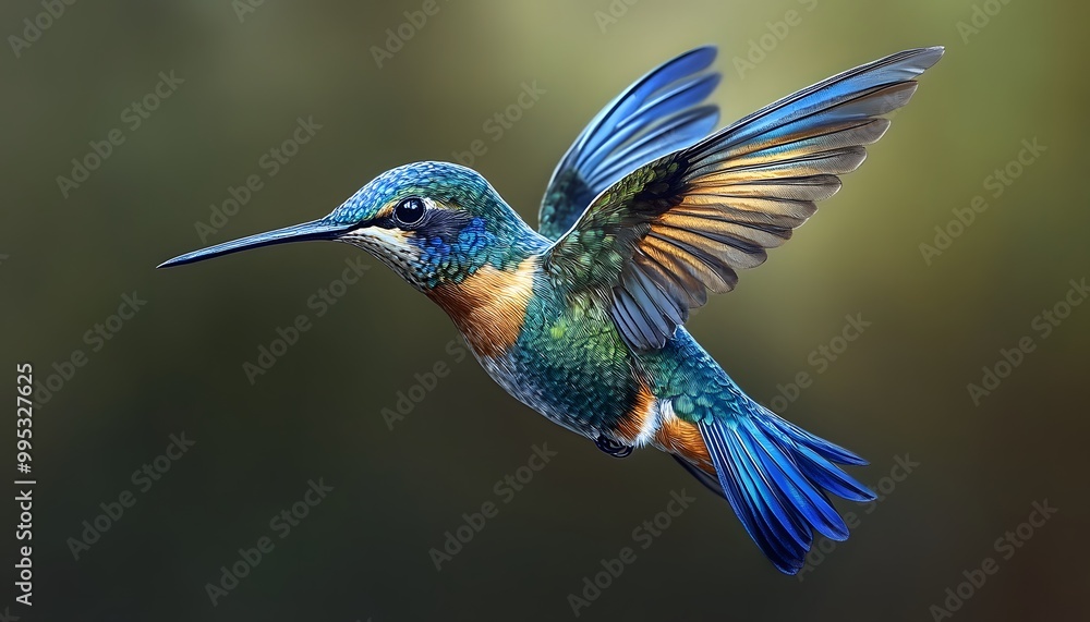 Obraz premium A hummingbird with electric blue wings and golden stripes running down its back, glowing slightly as it hovers