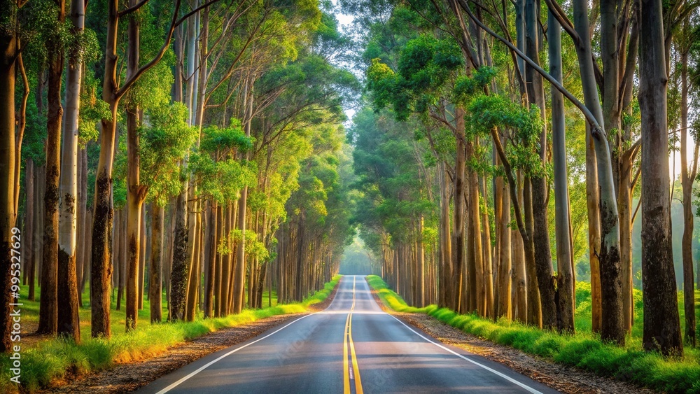 Naklejka premium Country road with rubber trees and eucalyptus trees