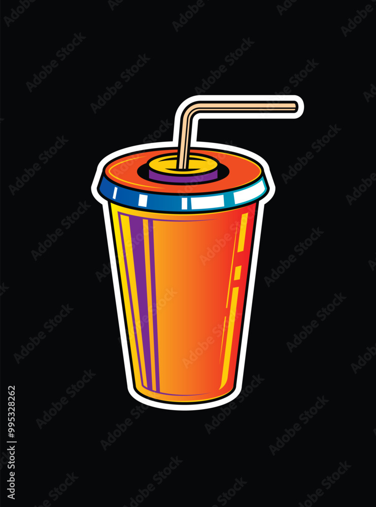 Fast food plastic cup with straw. Hot or cold drink. Original vector illustration in vintage style.