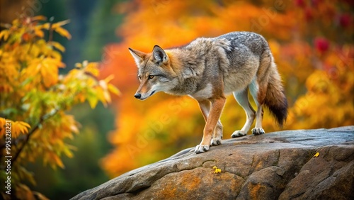 Coyote walking on rock in autumn landscape photo